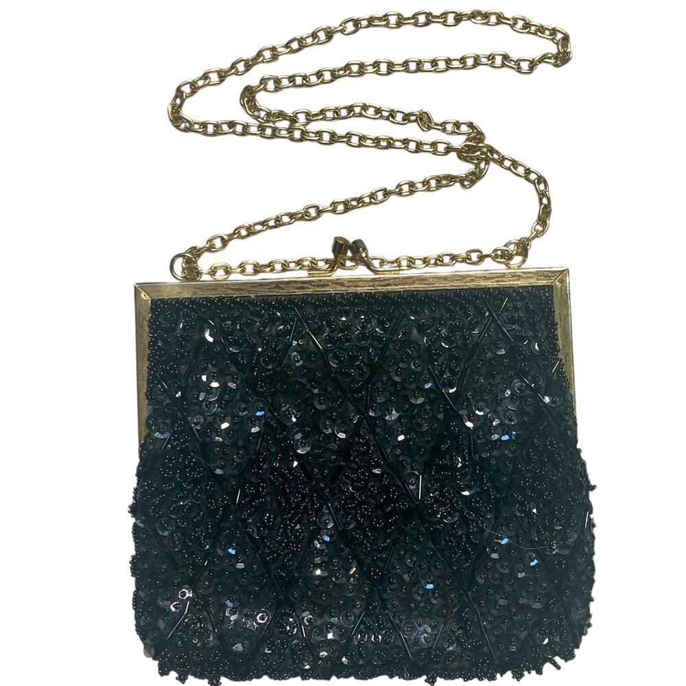 Vintage Black beaded evening bag, La Regale hand made small cocktail purse